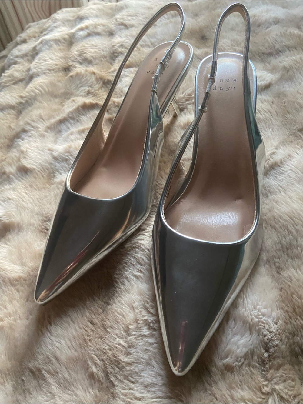 Silver Pointed-Toe Slingback Kitten Heels